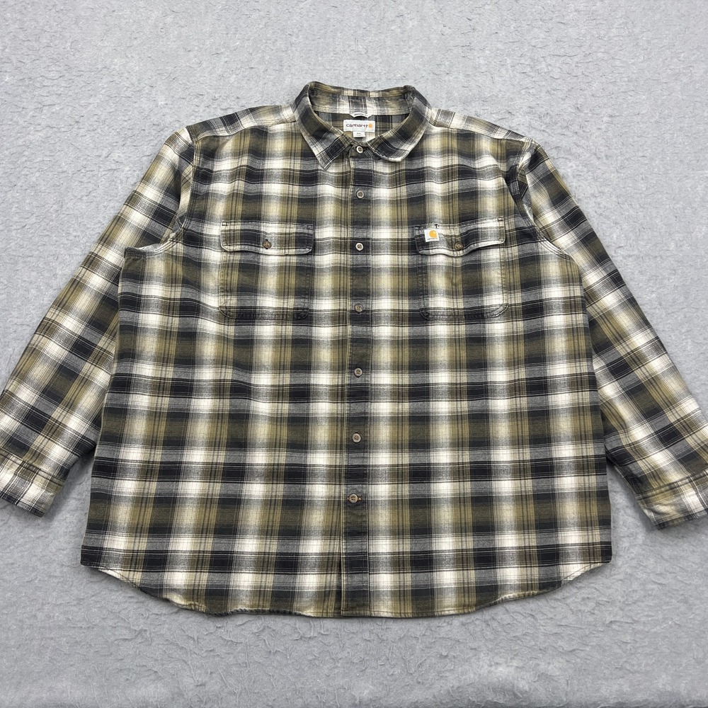 Carhartt Hubbard Flannel Mens 2XL Green Plaid Long Sleeve Button Up Cotton Shirt